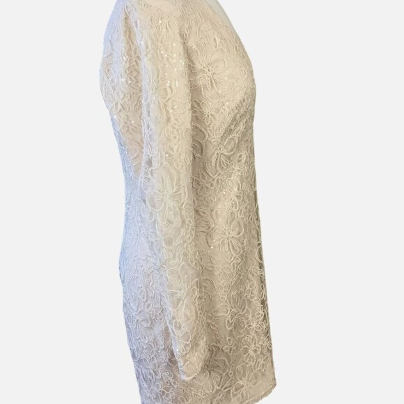 Tadashi Sho Tan Plunge V-Neck LS Lined Embroidered Lace Mini Dress 12 NWT - Picture 5 of 9